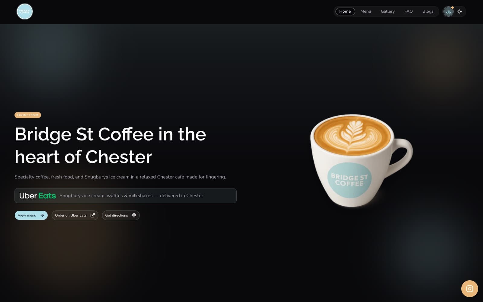 Bridge St Coffee homepage with a latte art hero image and quick links to order and get directions