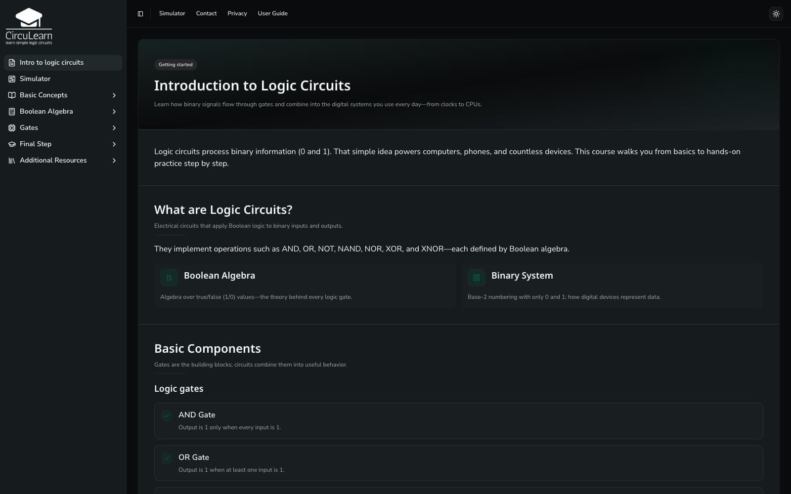 CircuLearn lesson page introducing logic circuits, gates, and Boolean algebra
