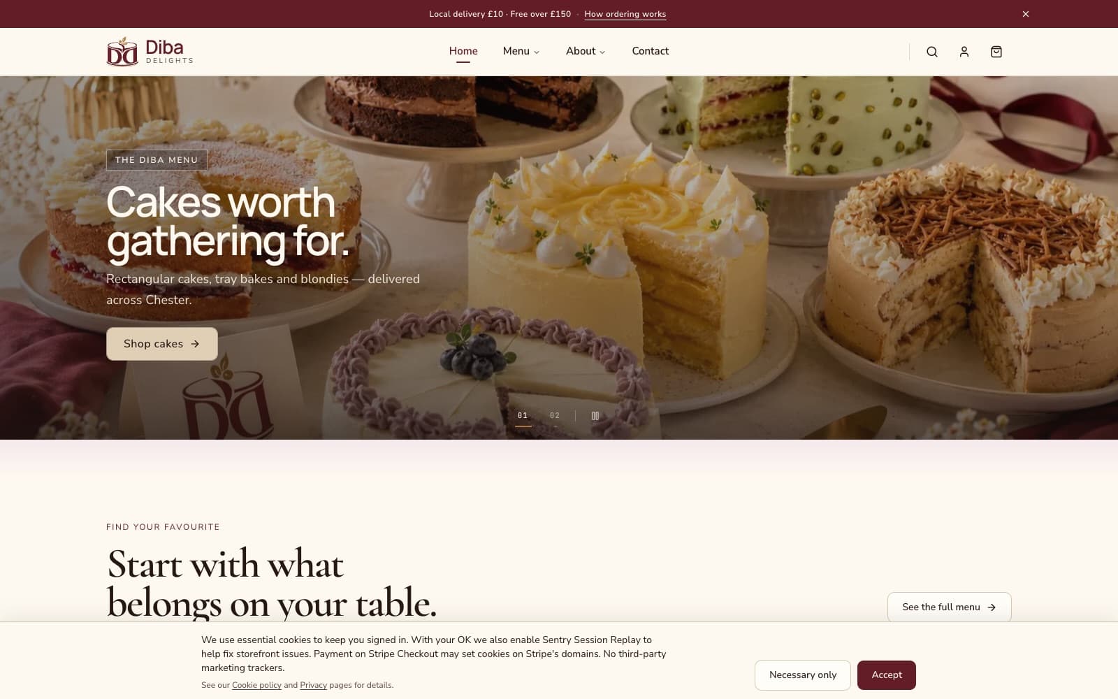 Diba Delights homepage showing a hero banner of celebration cakes